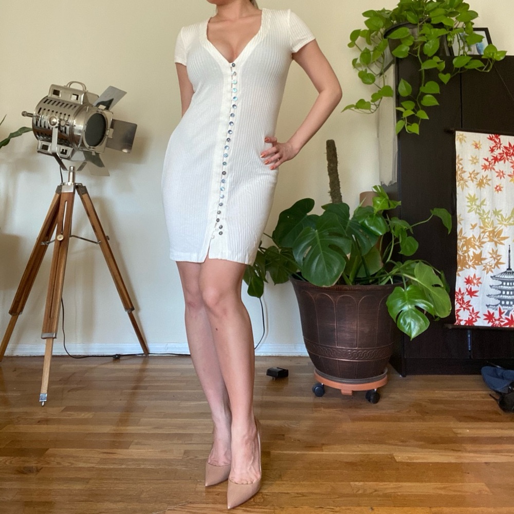 Reformation Cream Ivory Button Up Ribbed Dress